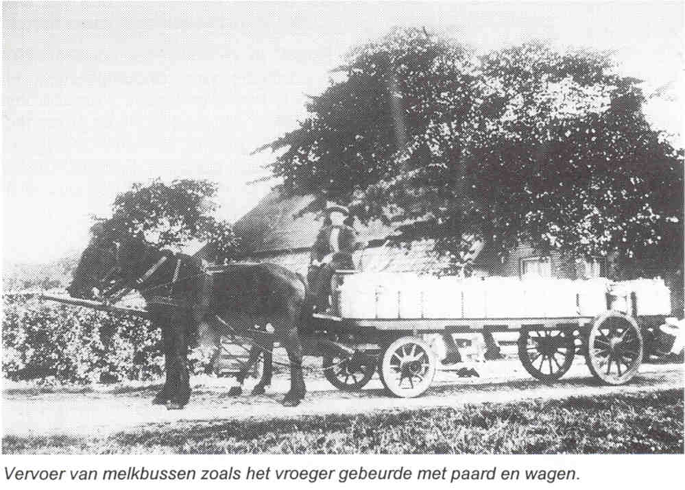 Vervoer van melkbussen zoals het vroeger gebeurde met paard en wagen